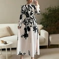 thumbnail image 2 of MORTTIC Women's Floral Print A-Line Stand Collar Elegant Lantern Long Sleeve Maxi Dress Waist Detail Ruffle Hem Apricot & Black S, 2 of 6