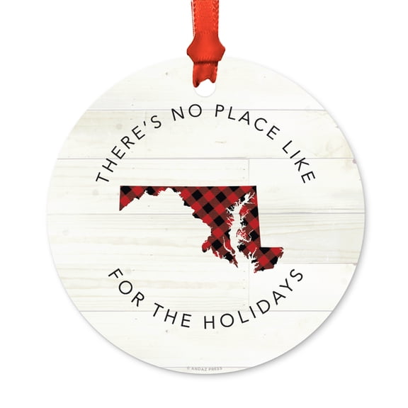 US State Round Metal Christmas Ornament, Red Plaid on Light Rustic Wood, Maryland, Includes Ribbon and Gift Bag