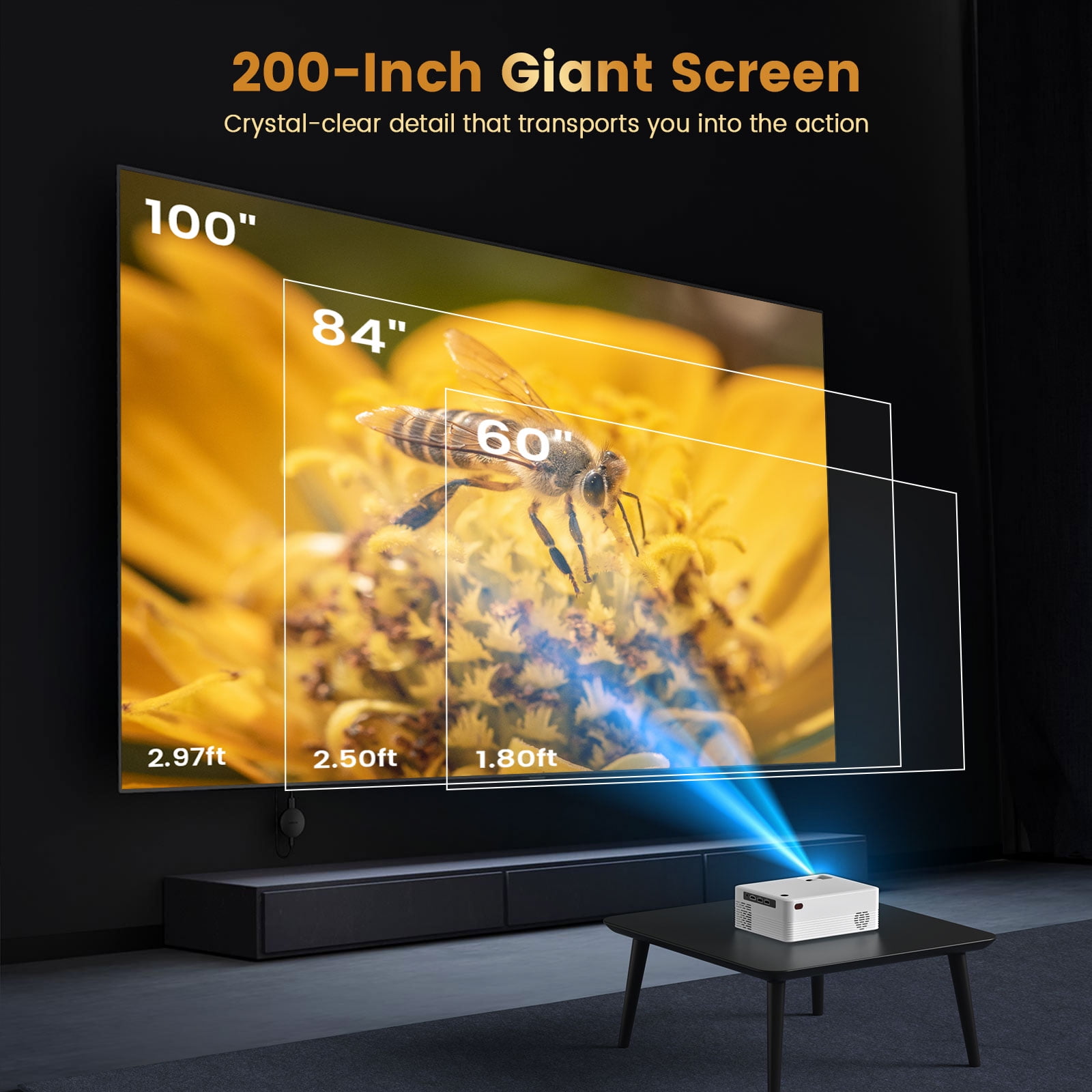 BDQ Projector with WiFi and Bluetooth,Support 8K 1080P,250ANSI,Portable Projector with Rack,40"-200" Screen Video,Compatible with Smartphone,TV Stick,Laptop,HDMI,USB（White）
