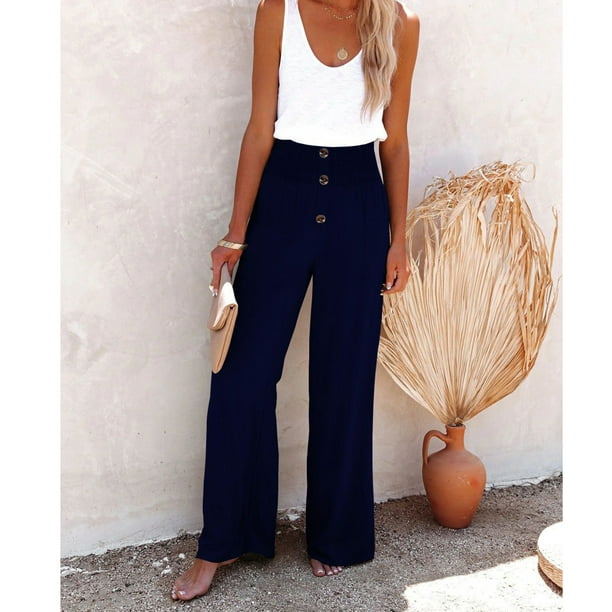 Loose Long Wide Leg Pants Women Wide Leg Trousers Button Trim Pants High  Waist Back Elastic Waistband Casual Bottoms For Daily Life Holiday Date  Navy