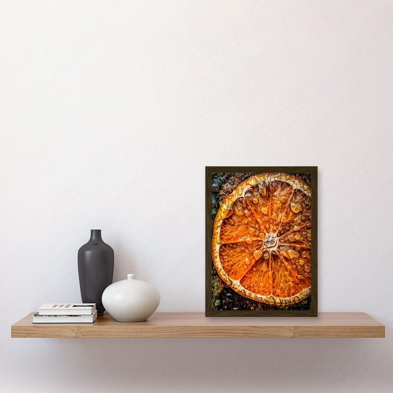Orange Slice with Juice Droplets Macro Painting Artwork Framed