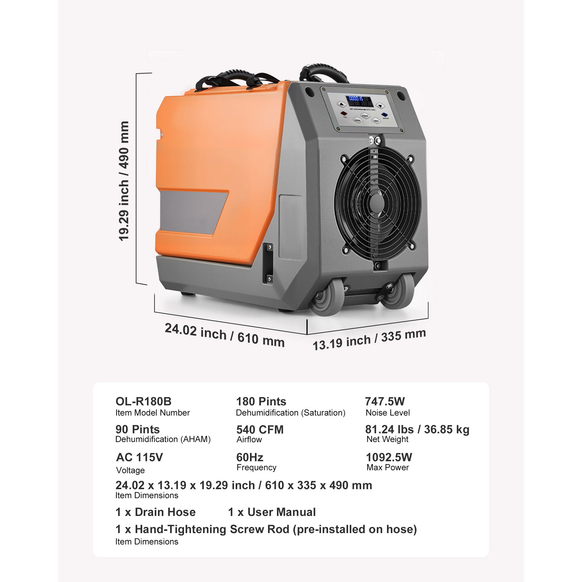 KFFKFF 180 Pints Industrial Dehumidifier with Pump and Drain Hoses, Portable Dehumidifier for Basements, Storage Areas, and Crawl Spaces, Auto Defrost, Durable LLDPE Construction, Foldable Handle