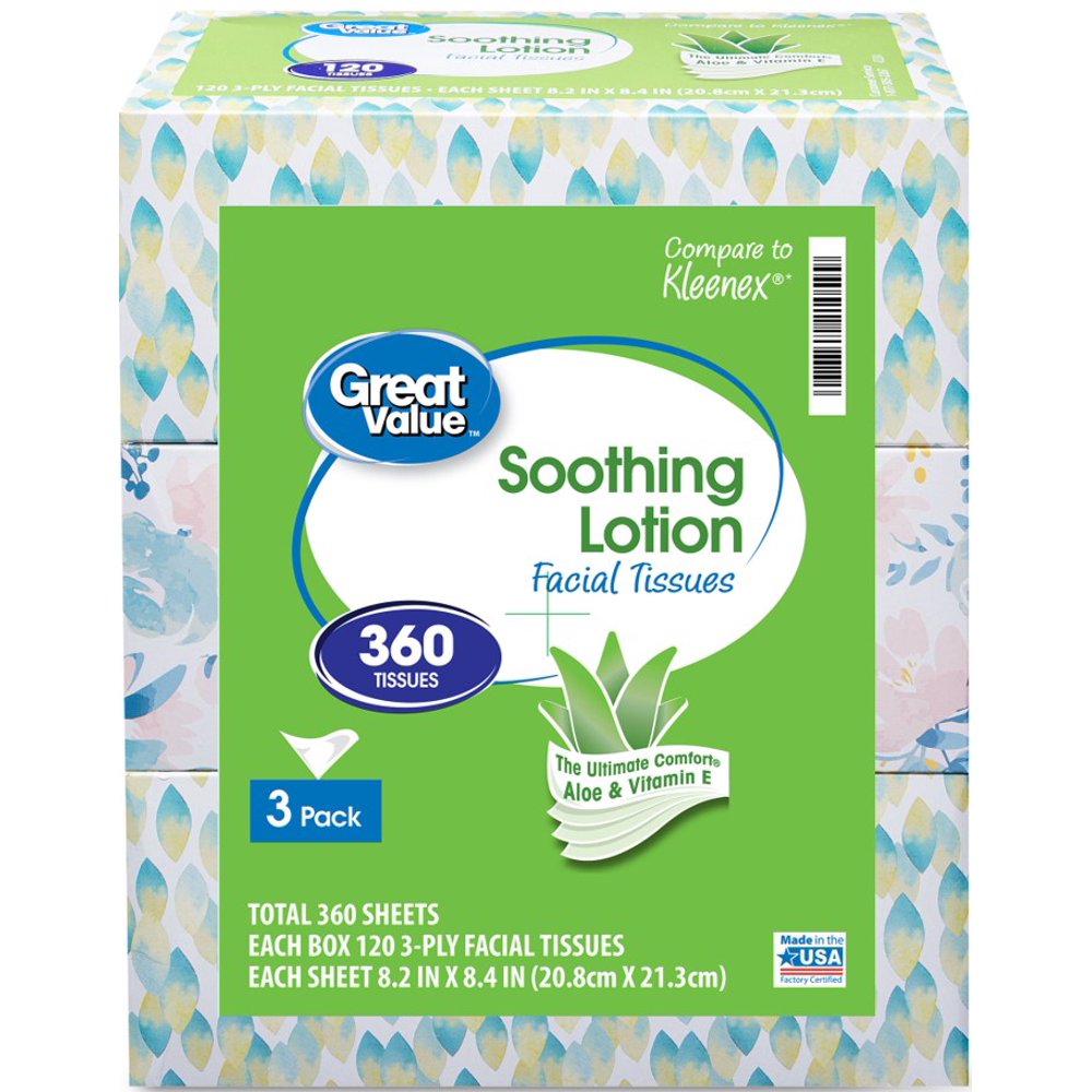 Great Value Lotion Soothing Facial Tissues, 3 Flat Boxes (360 Total