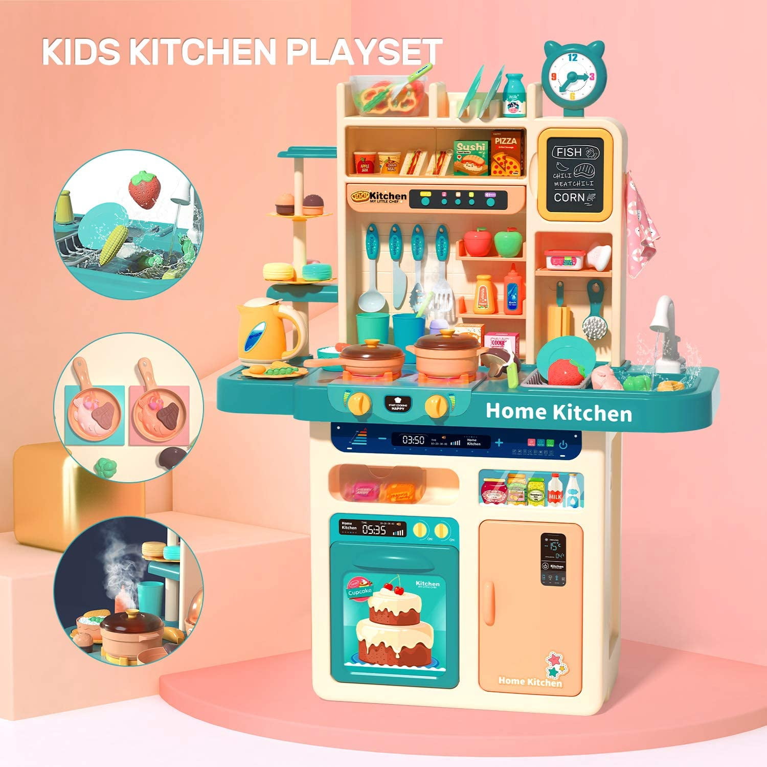 93PCS Kids Kitchen Playset,Play Kitchen Toy with Realistic Lights & Sounds,Pretend Steam,Play Sink & Oven,Color Changing Play Food,Menu Board & Other Kitchen Accessories Set for Toddlers