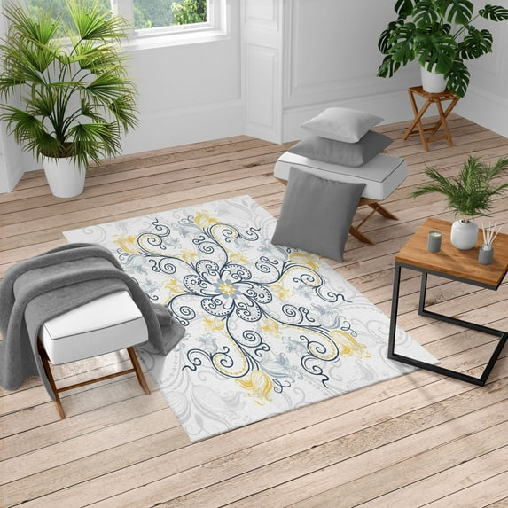 Mandala Turkish Area Rug, Round Flower Frame Design Classical Vintage Floral Art Ottoman Tulips, Soft Carpet for Living Room Decor with Distressed Look, 4' X 5.7', Night Blue, by Ambesonne