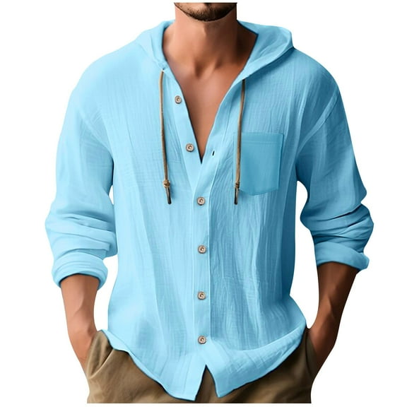 Handshe Men's Fashion Casual Solid Button Round - Neck Long - Sleeve Hooded Blouse