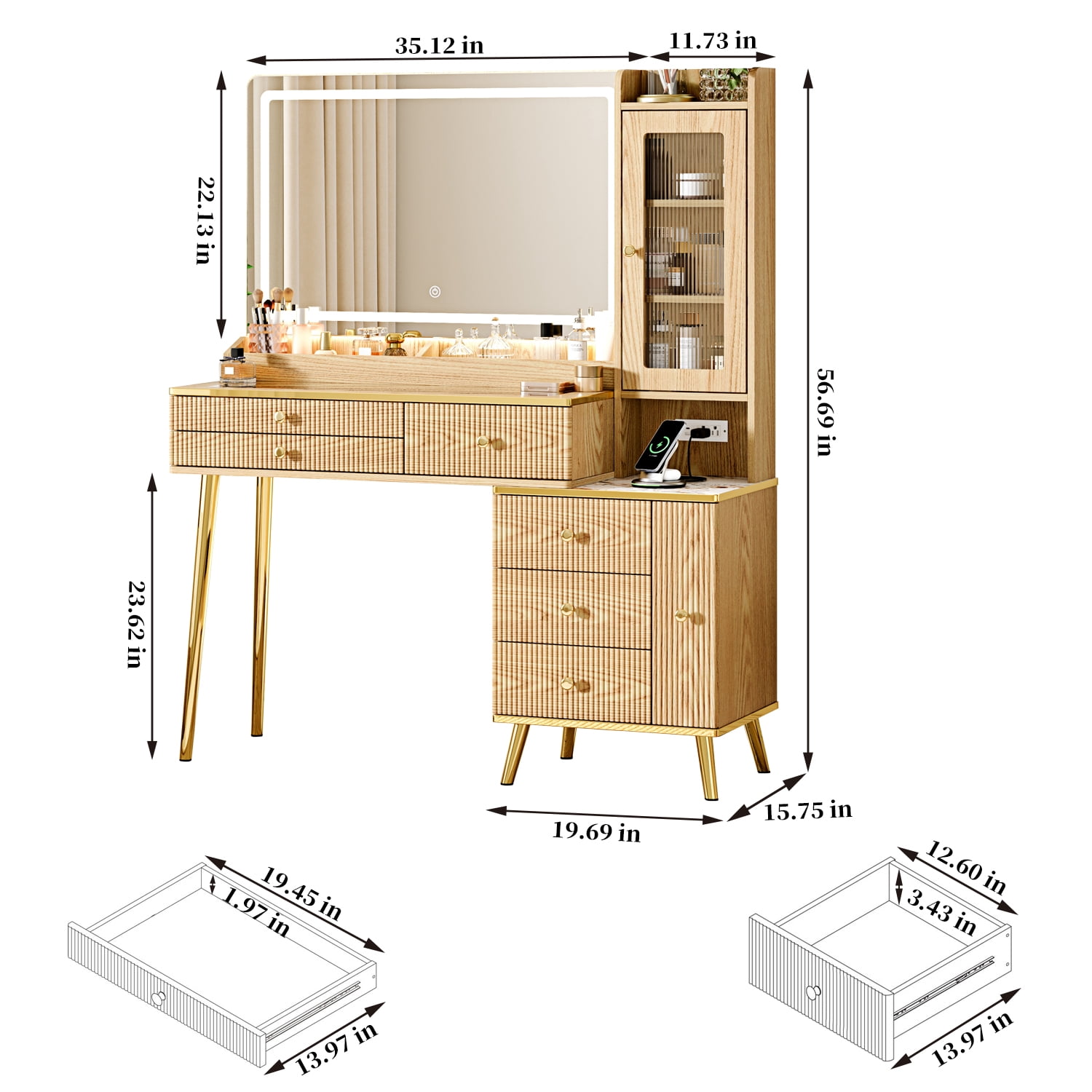 Arulvmrn 46.85" Lighted Makeup Vanity Desk, 7 Drawers, Charging Station, Oak