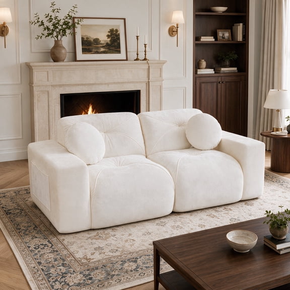 Daeorio 82" Modular Sectional Cloud Couch,Velvet Upholstered Sofa Boneless Modern Comfy No Assembly Required Deep Seat Loveseat Sofa for Living Room,Bedroom,Apartment(Beige)