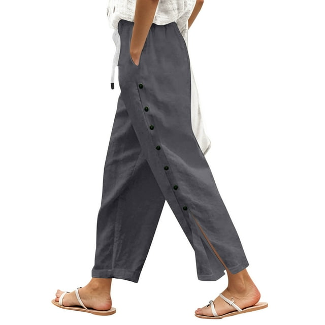 Women’s Solid Color Elastic Waist Loose Fit Side Button Functional Casual Pants Womens Pant Suits Casual plus Size Pants Women Casual Short Romper for Women Casual Pants Womens Pants Casual Work Women