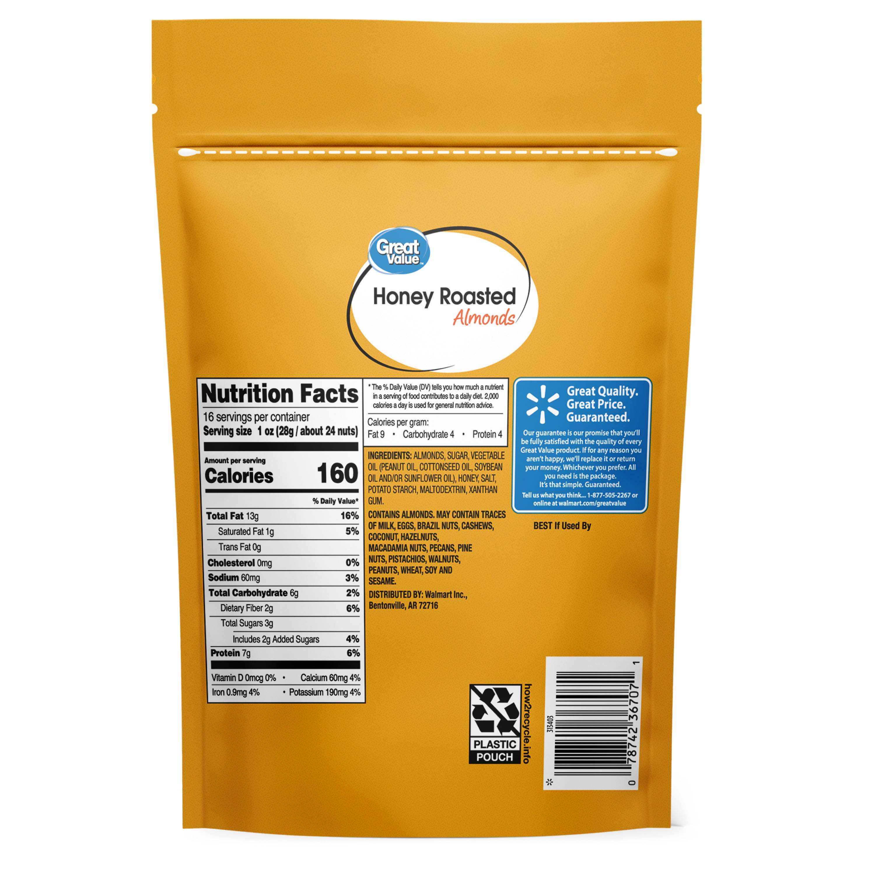 Great Value Honey Roasted Almonds, 16 oz