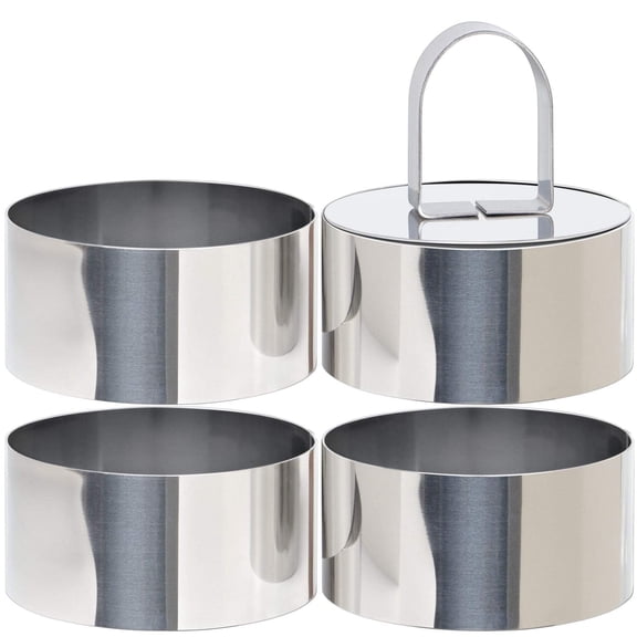 Set of 4 Round Cake Ring Mold, Stainless Steel 3 inch Dessert Mousse Molds with Pusher & Lifter Cooking Rings, Tuna Tartare Mold (Include 4 Rings and 1 Pusher)