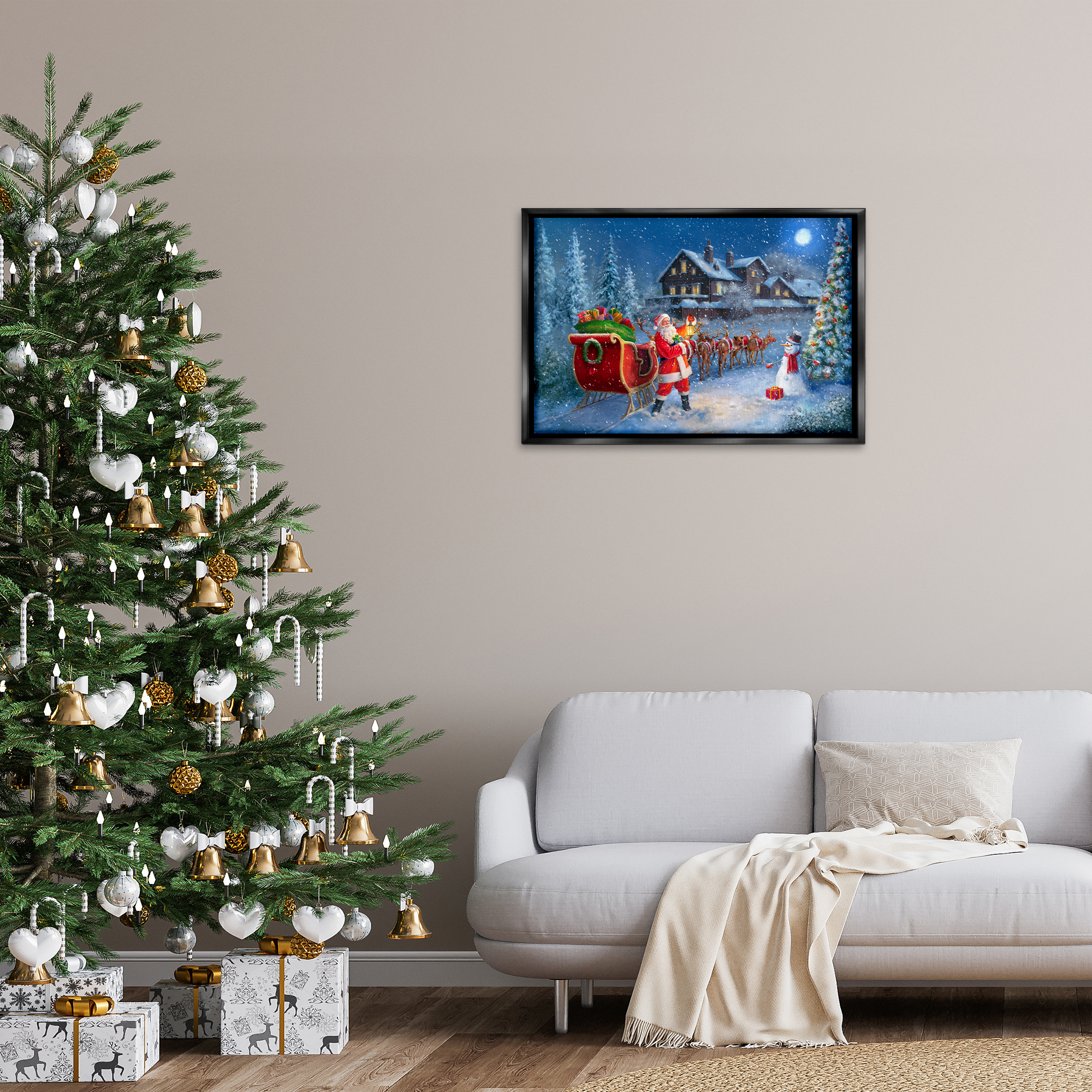 Stupell Industries Santa's Sleigh & Lantern Holiday Painting Black Floater Framed Canvas Art Prints Wall Art, 31 x 21