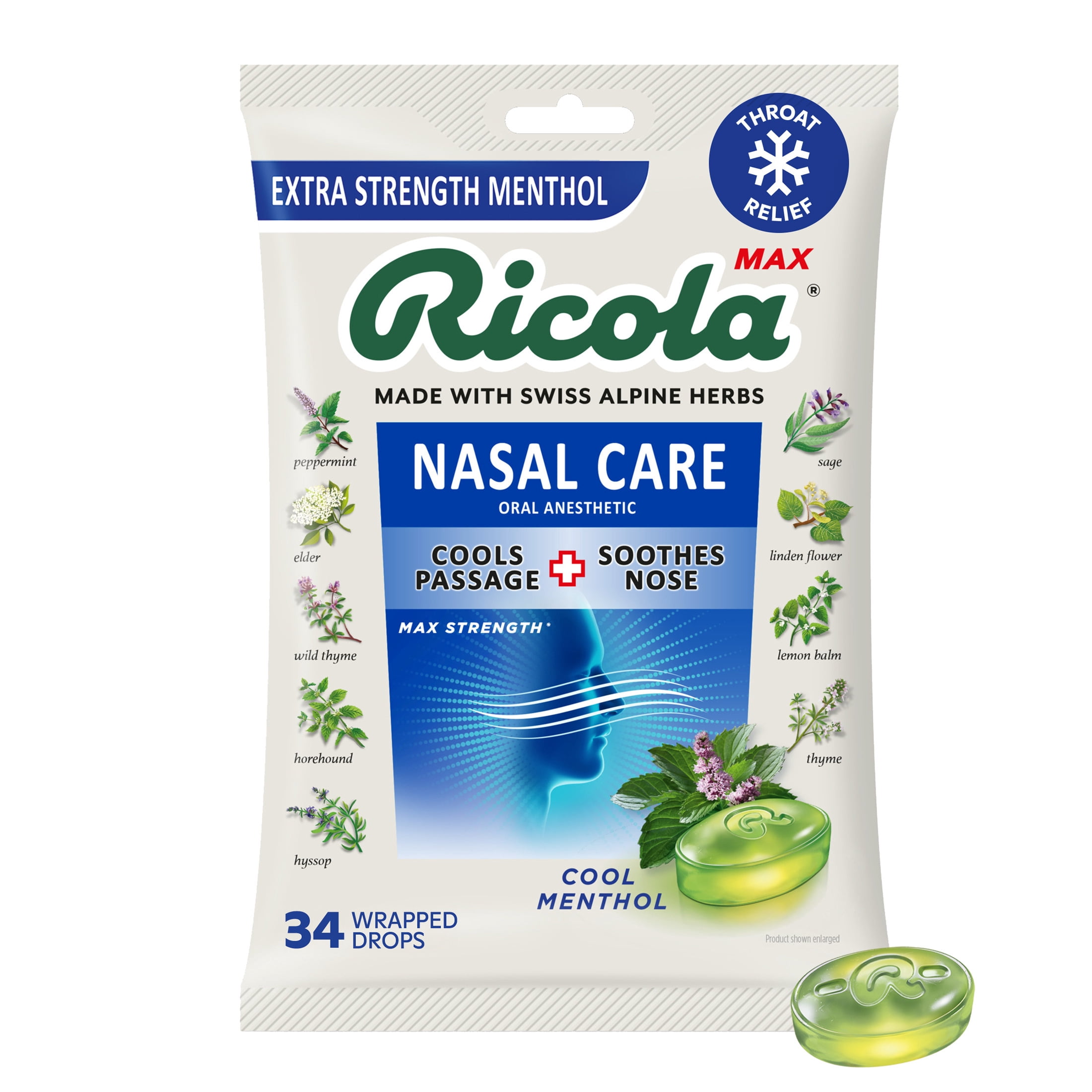 Ricola Max Nasal Care Cool Menthol Throat Drops Extra Strength, 34 Count