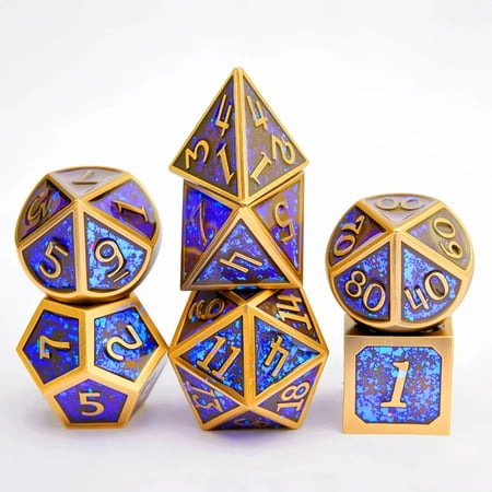 The DND Metal Polyhedral Dice Set a 7-piece set is perfect for Dungeons and Dragons role-playing board games and makes a wonderful holiday party gift and decoration.