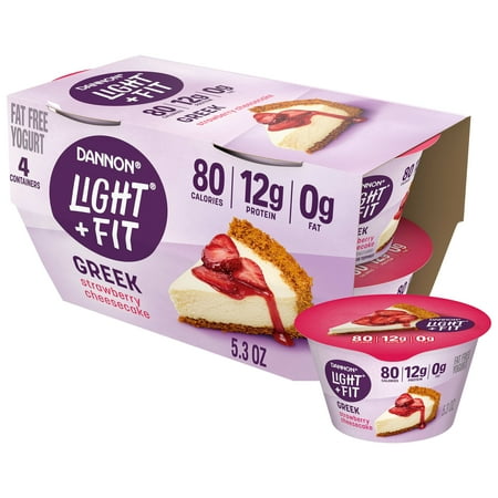 Dannon Light + Fit Strawberry Cheesecake Greek Fat Free Yogurt Cups, Convenient Anytime Snacks, 5.3 oz, 4 Count