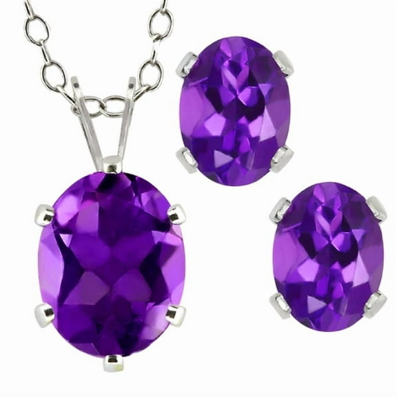 Gem Stone King 3.30 Cttw Oval Purple Amethyst 925 Sterling Silver Pendant Earrings Set for Women | Oval  9X7MM and 7X5MM | With 18 inches Chain