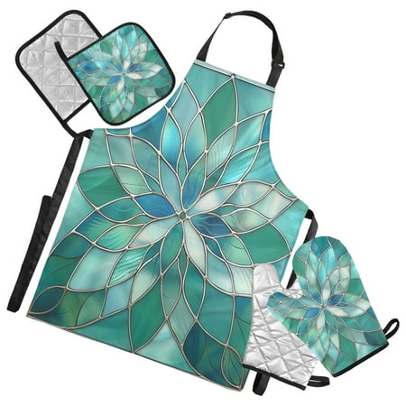 

5 Pcs Kitchen Set Heat Resistant Oven Mitts and Non-Slip Pot Holders with Adjustable Cooking Apron Floral Stained Glass