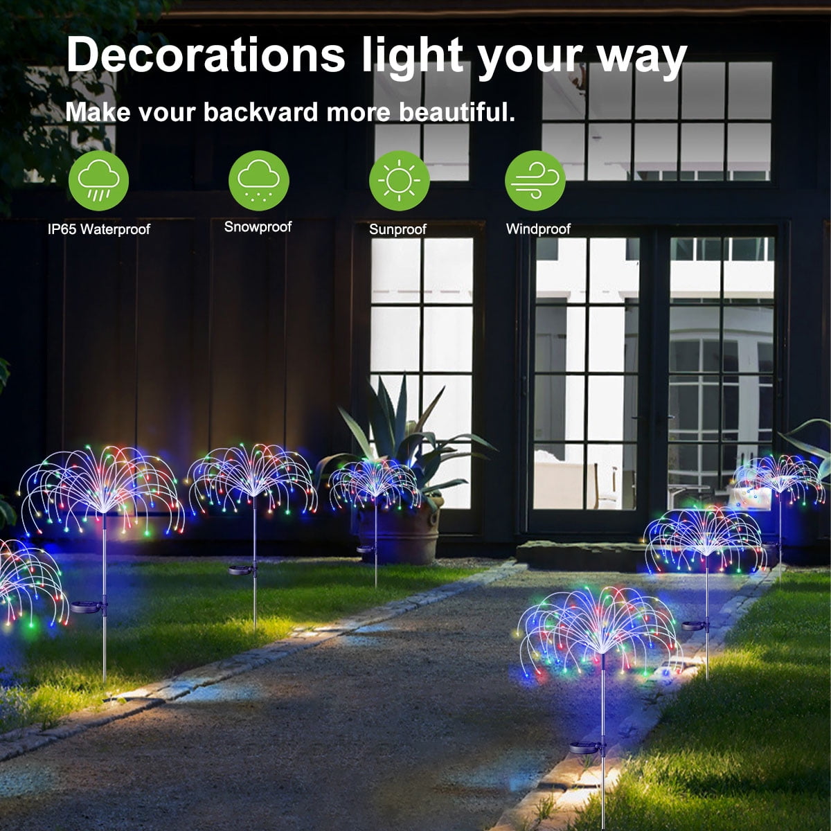 Rirool 4 Pack Solar Firework Lights, 120 LED Outdoor Garden Lights, Waterproof IP65 Pathway Yard Decor, DIY Copper Wire, Auto On/Off, Multicolor