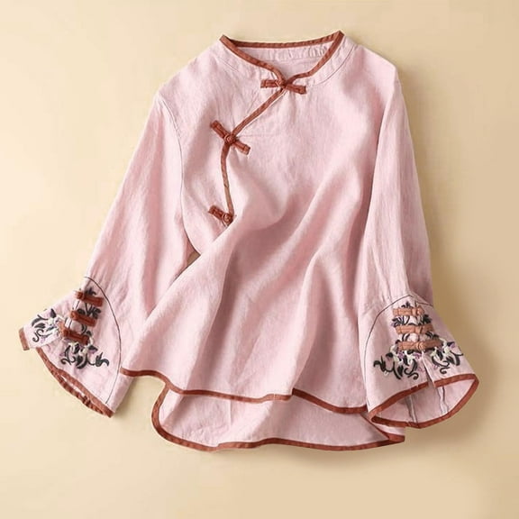 Pincandy Cotton Linen Tops for Women Summer Casual 3/4 Sleeve T Shirts Lightweight Ethnic Style Embroidery Blouses Tees