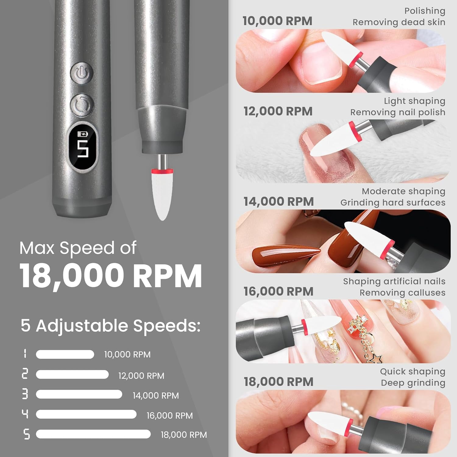 Aorsher Cordless Electric Nail Drill Kit, Portable Rechargeable Nail Drill Set, Professional Electric Nail File, 5 Speeds Modes, LED Lighting, Reversible Direction