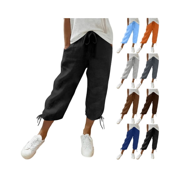 Capri Pants for Women Knee Length Cotton Linen Capri Pants Elastic Waist Summer Casual Long Shorts with Pockets
