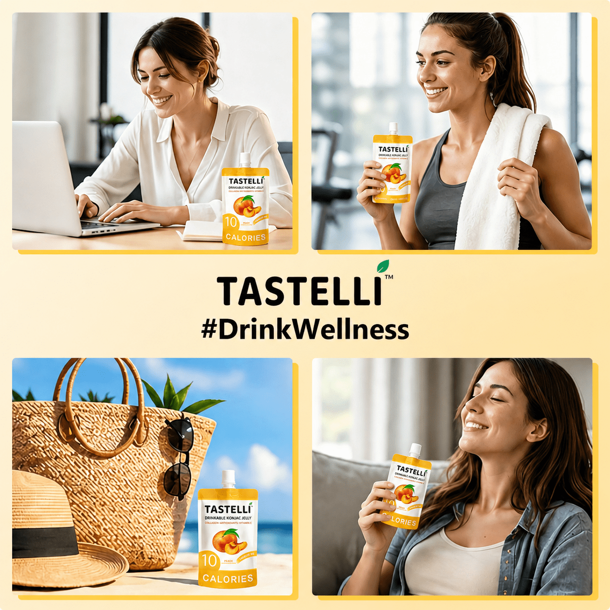 Tastelli Konjac Jelly Infused with Collagen & Vitamin C | Gluten Free, Sugar Free, Low Calorie | Vegan Drinkable Fruit Jelly Snack | Peach | 150mL x 10 Pouches