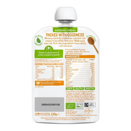 Piccolo Spring Vegetable & Chicken Casserole Organic Pouch 7mths+ 130g, British Import (Pack of 2)