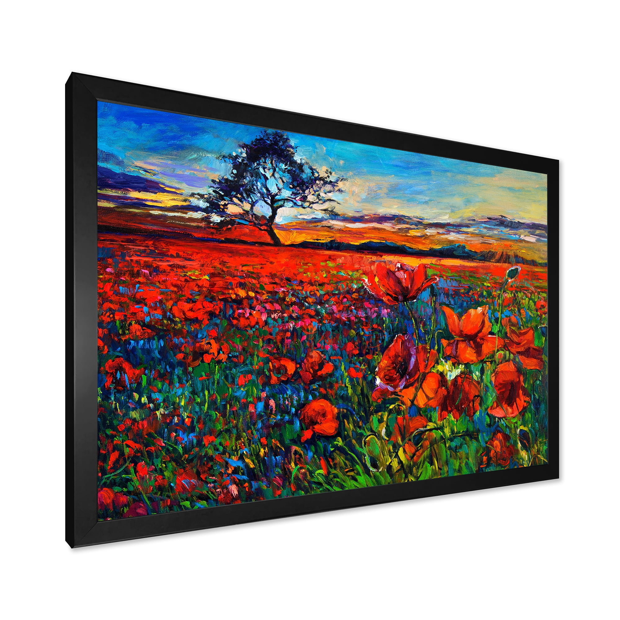Designart 'Blossoming Red Poppy Fields With Distant Tree' Traditional Framed Art Print