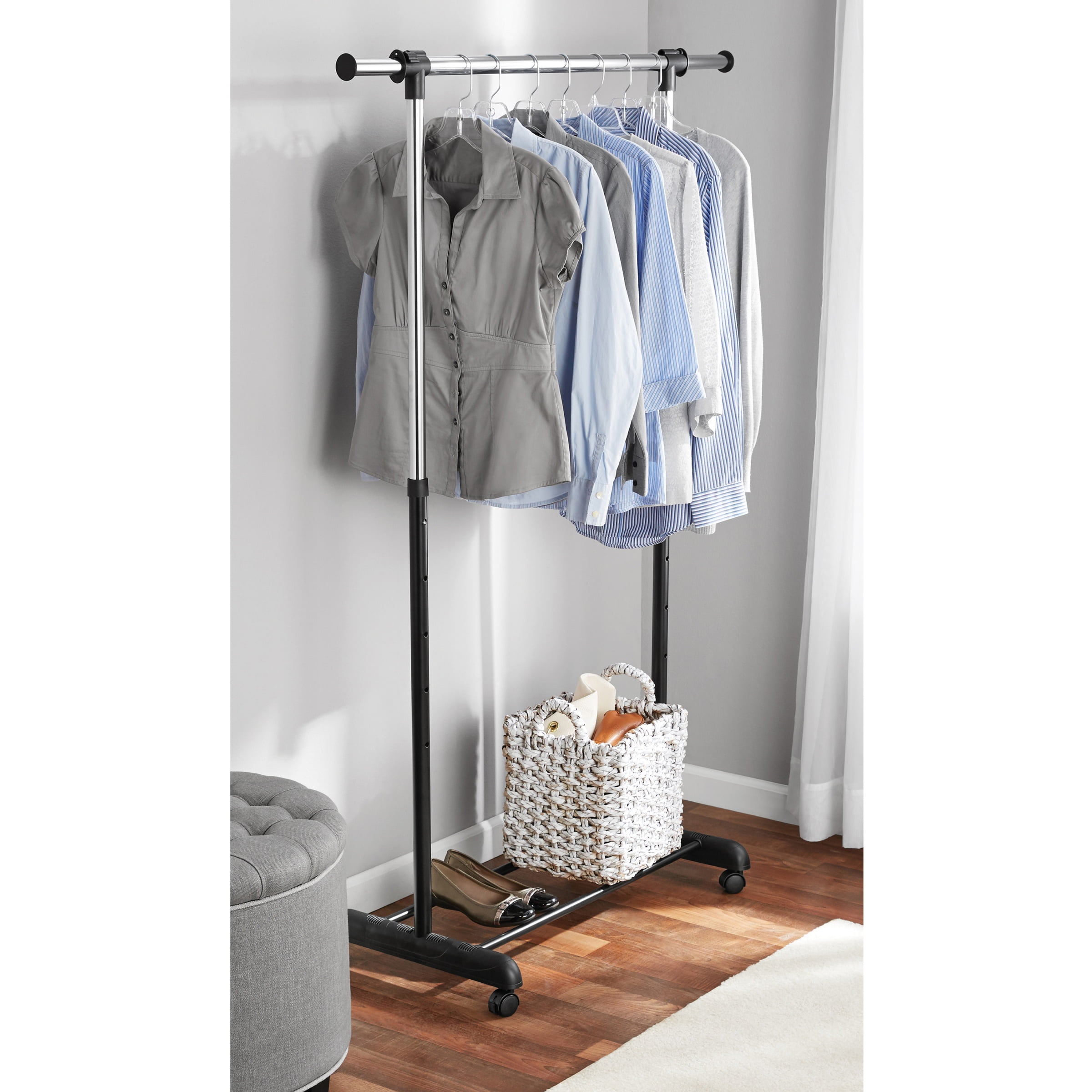 Mainstays Adjustable Rolling Garment Rack Metal Chrome Black