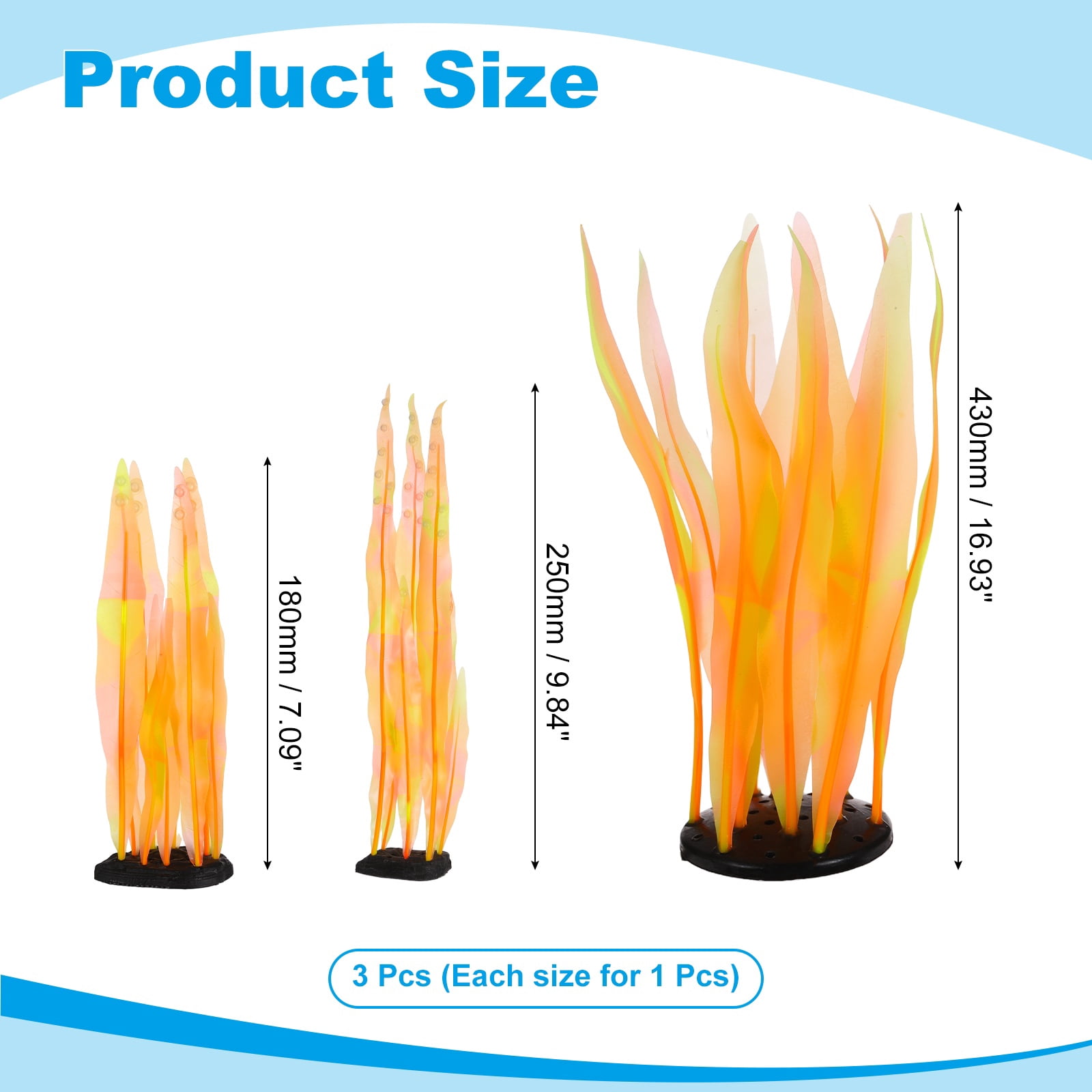 Uxcell Aquarium Decoration, 7"/10"/17" Plastic Fish Tank Plants Artificial Silicone Glowing Kelp Aquarium Plants Ornament, (Orange, 3 Pcs), Intended for Tall Fish Tank Decor / Landscaping