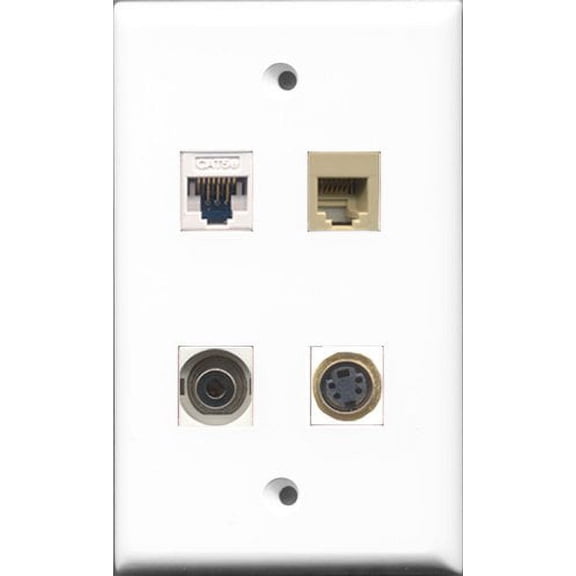 RiteAV 1 Port Phone RJ11 RJ12 Beige and 1 Port S-Video and 1 Port 3.5mm and 1 Port Cat5e Ethernet White Wall Plate