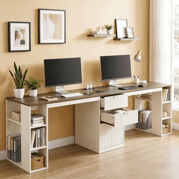 NORTHSKY 96.5" 2 Person Desk, Double Computer Desk with Power Outlet & USB Ports, Drawers & Storage Shelves for Home Office - White