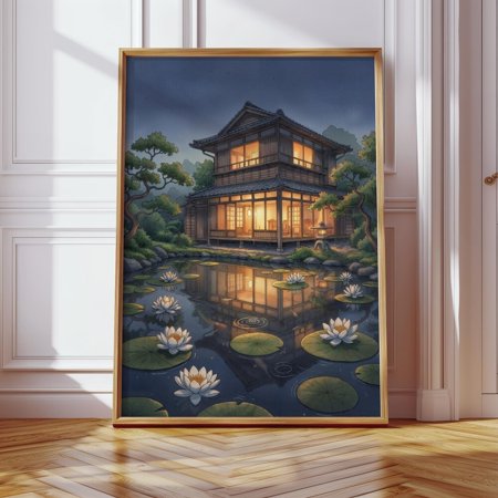 Japanese Garden Art Print Zen Watercolor Style Wall Art Water Lily Pond Poster Asian Home Decor Ghibli Inspired Landscape Art UNFRAMED PAPER POSTER Home Decor Vintage Gift Living Room Dercor
