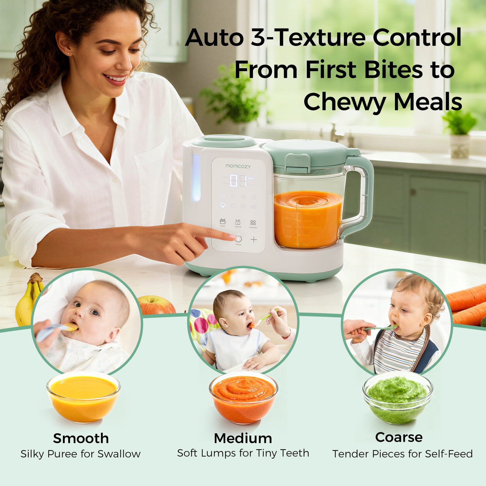 Momcozy AutoMeal Baby Food Maker – One-Step Auto Steam & Blend Food Processor, 15oz Large Cup & 6-Blade Design, Self-Cleaning, Auto 3-Stage Texture Settings for Effortless Homemade Baby Puree