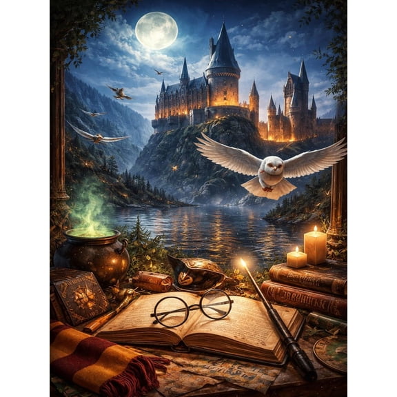 5D Full Drill Diamond Painting Kit, Enchanted Hogwarts Style Castle Owl Diamond Art, DIY Embroidery Cross Stitch, Home Wall Decor Gift for Magic Lovers & Beginners