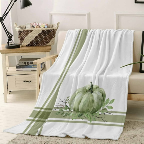 Green Pumpkin Throw Flannel Blanket 40x50In Thanksgiving Fall Leaf Vintage Farmhouse Super Soft Cozy Bed Blanket, Lightweight Plush Fuzzy Bed Throw for Bedroom Sofa Couch Living Room