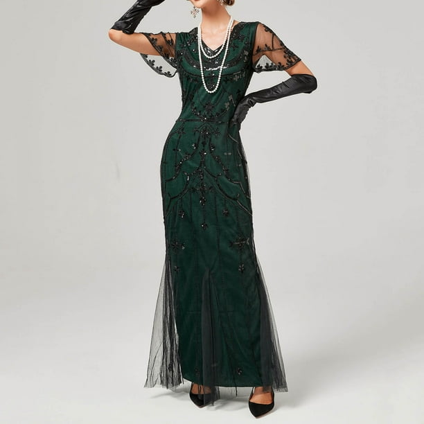 WILLBEST Vestidos Casuales para Mujer Vestido Vintage Sexy sin Mangas para Mujer, Vestido de Noche Ligero de Fiesta de Los Años 20, Falda de Cola de Pez Larga y Delgada de Manga Corta Chica