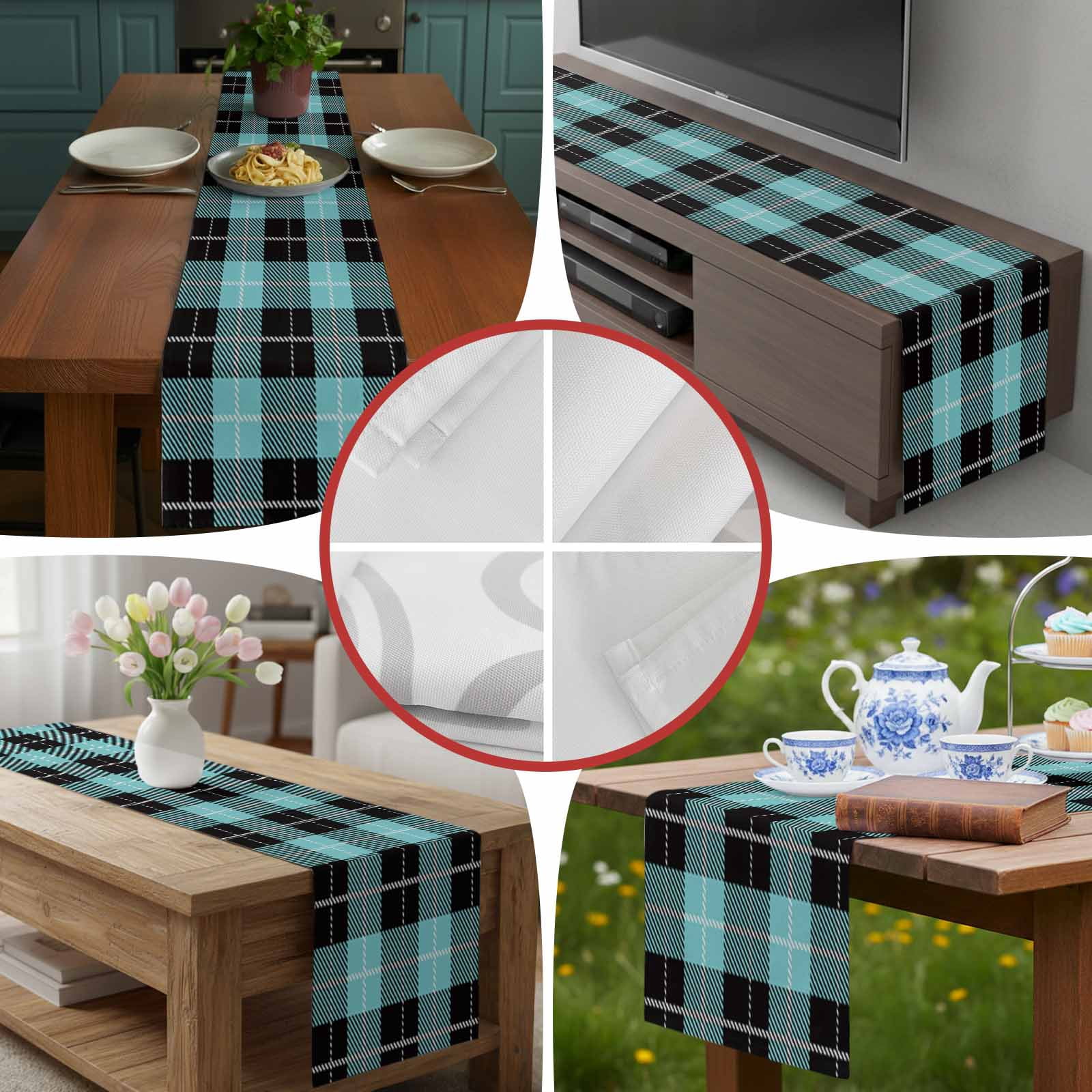 Tartan Plaid Buffalo Grid Pattern Table Runner 90 Inches Long, Teal and Black Table Runners Tabletop Scarf Kitchen Dining Tables Decoration for Home Party Indoor Outdoor