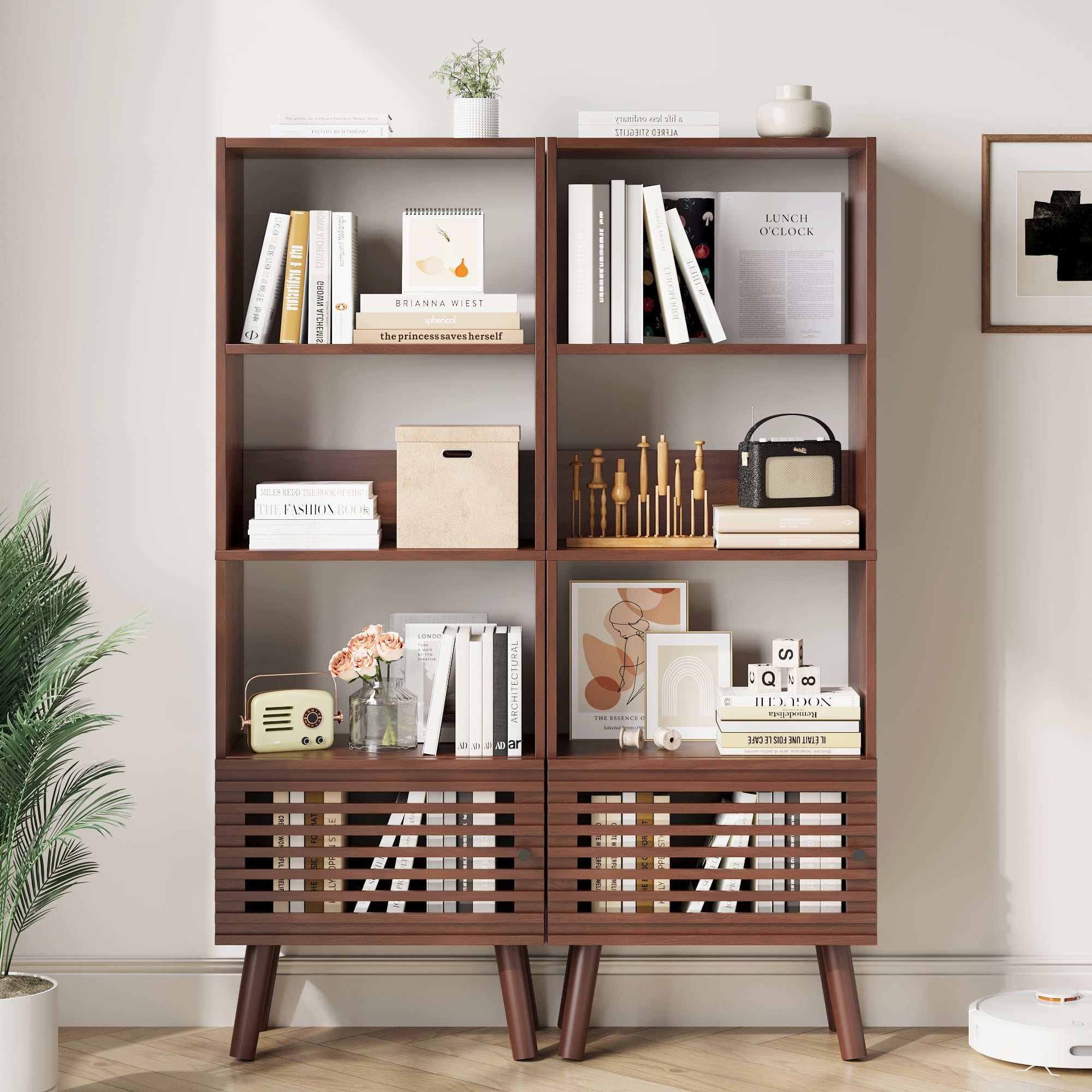 Mid-Century Modern Bookshelf with Slatted Door, 55" H Small Narrow Corner Bookcase, 4 Cube Bookcase with Open Shelf, Display Storage Cabinet for Living Room, Home Office, Walnut