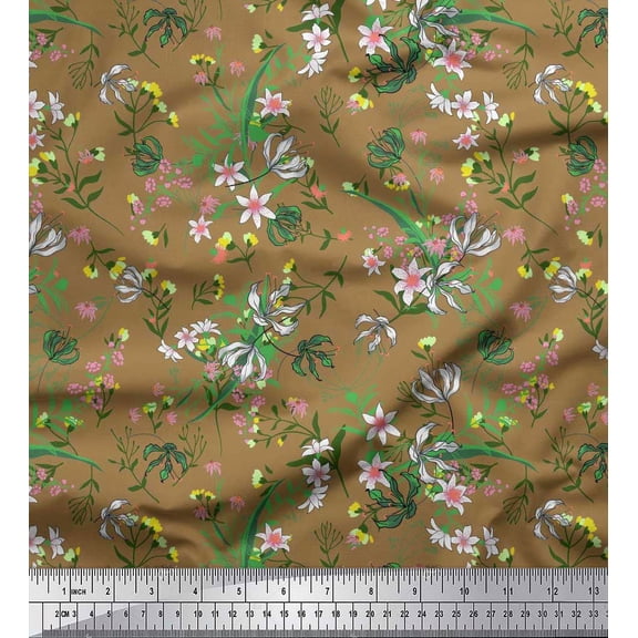 Soimoi Brown Cotton Duck Fabric Leaves,Berries & Clematis Floral Print Fabric by Yard 42 Inch Wide