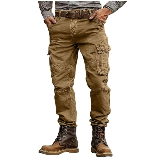 Men's Cotton Cargo Pants - Relaxed Fit Straight-Leg Outdoor Trousers, Garment-Washed Elastic Drawstring Waist Bottoms with Multi-Pockets