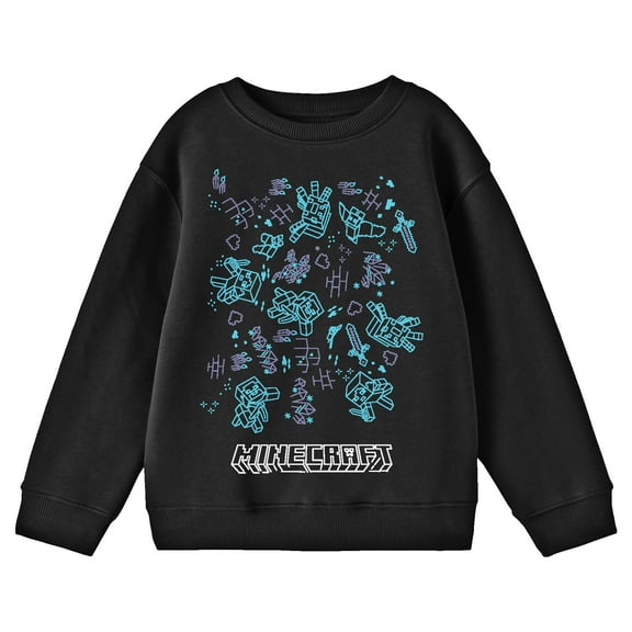 Minecraft Game Doodles Youth Black Crew Neck Sweatshirt-Medium