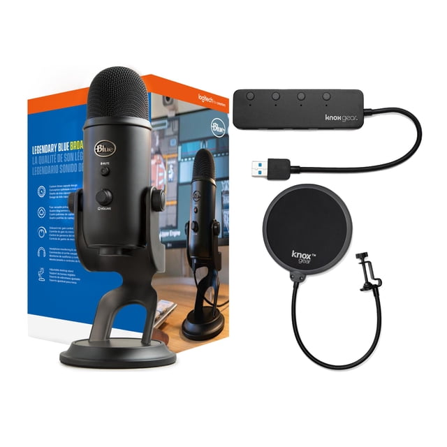 Blue Microphones Yeti USB Microphone (Blackout) Bundle with Studio Pop Filter and 4-Port USB 3.0 Hub Bundle- Blue Yeti Mic is ideal for Recording, Computer Gaming, Streaming, and Podcasts (3 Items)
