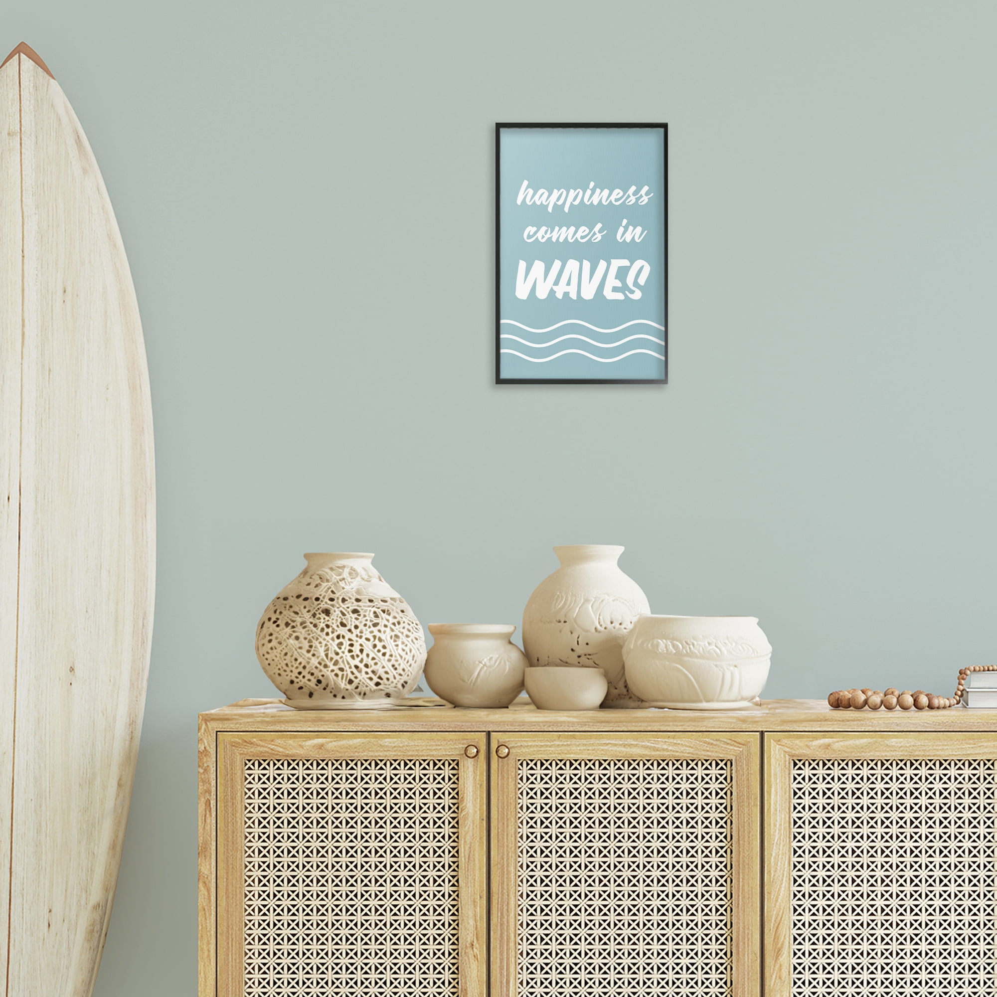 Stupell Industries Happiness In Waves Typography Painting Black Framed Art Print Wall Art, 12 x 18