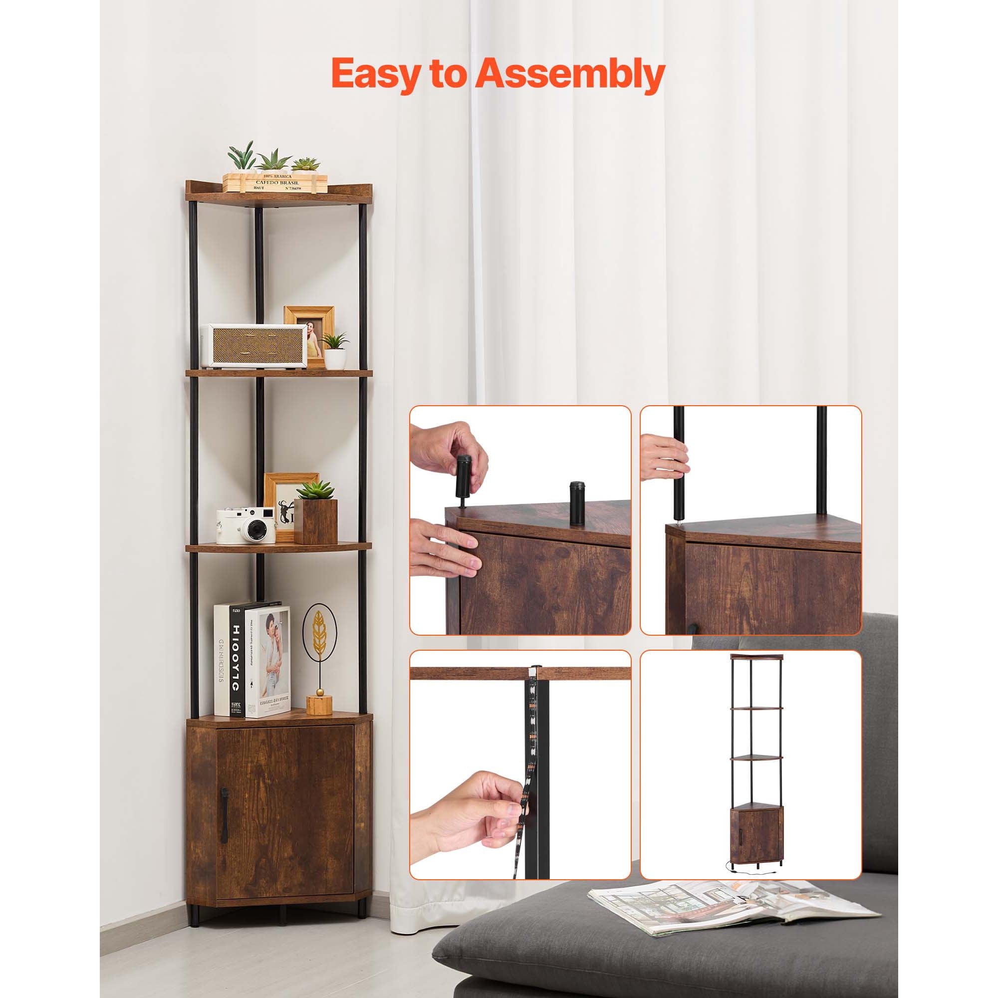 KFFKFF 5-Tier Corner Shelf with LED Lighting, 65.4" Tall Storage Unit with Cabinet, Multi-Color Display Controlled by Remote or App for Bedroom, Living Room, or Office