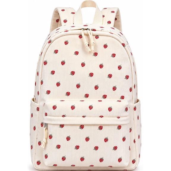 DAKIMOE School Backpack for Kids Teens Girls Cute Girlish Middle High School Bookbag Large Capacity Lightweight Daypack for College Students Beige Strawberry