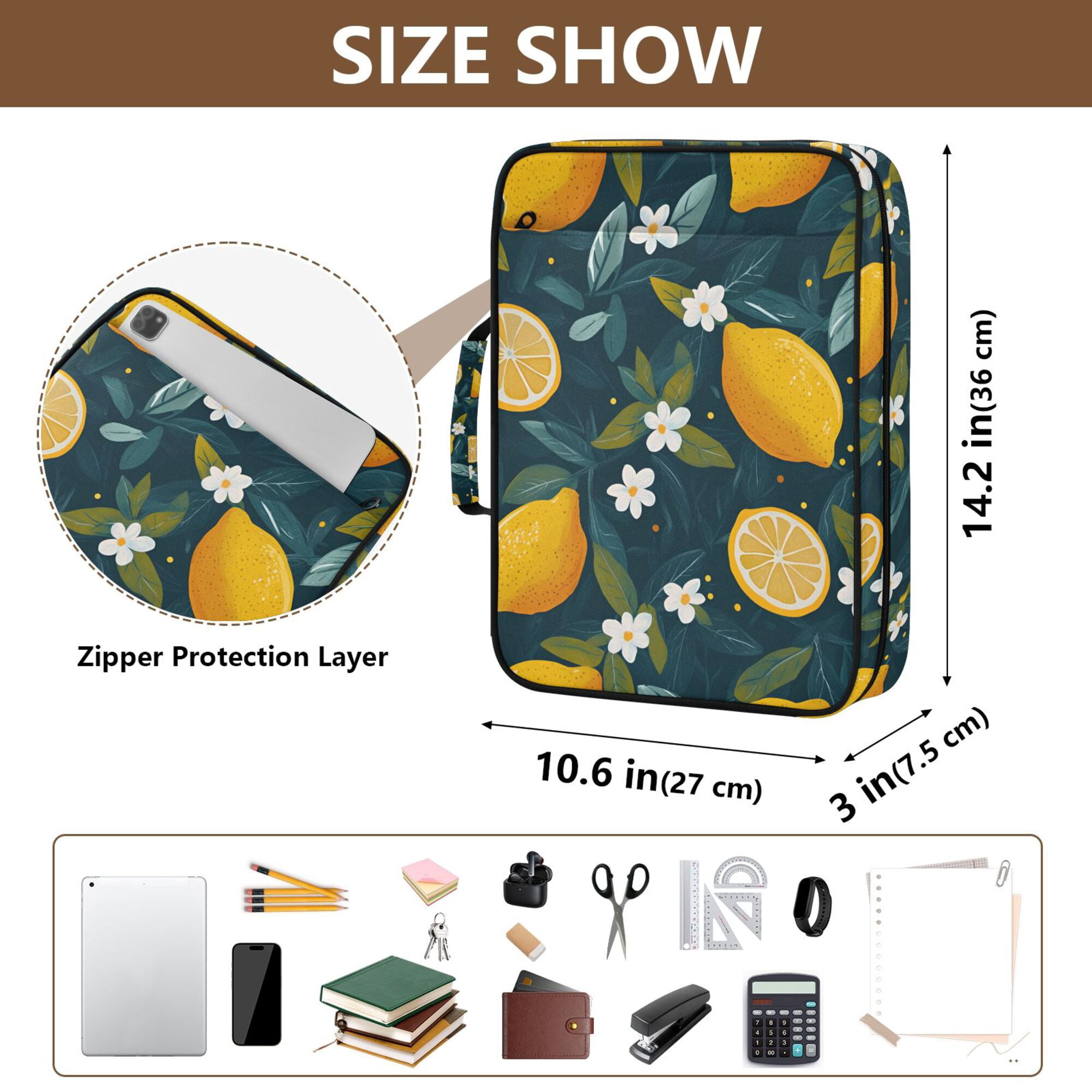 FORMRS Accordion File Folder A4 Size 7-Pocket Expanding Document Organizer Bag with 3 Ring Binder, Green Lemons