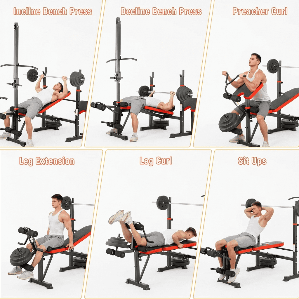 PUATUL 1500LB 8 IN 1 Weight Bench with Lat Pulldown and Leg Extension/Curl, Foldable Bench Press with Preacher Curl & Squat Rack, Workout Benches with Safety Bar Catches for Home Gym