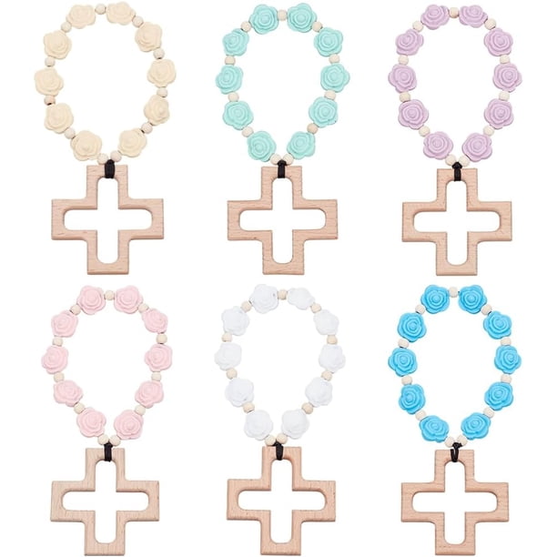 6 Rosarios de silicona con cuentas florales de silicona para bautizos, regalos para fiestas de bautizo, pulseras de rosario con cuentas de rosa (6 colores)