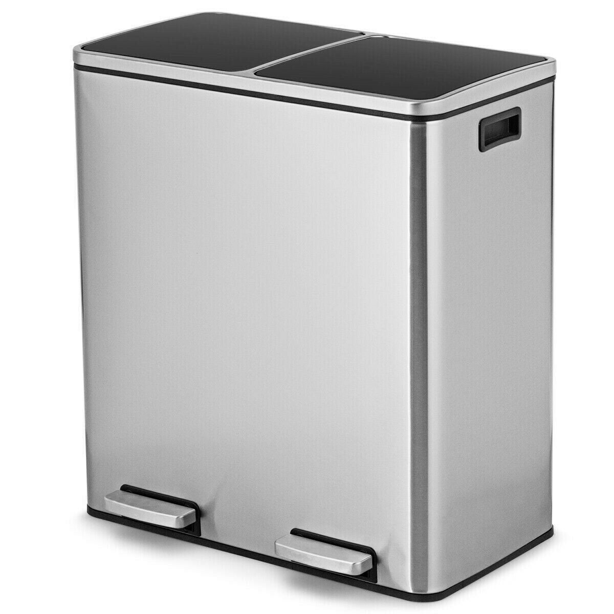 16 Gallon Dual Step Trash Can Double Recycling Pedal Stainless Steel Stainless Steel Dual Trash Can